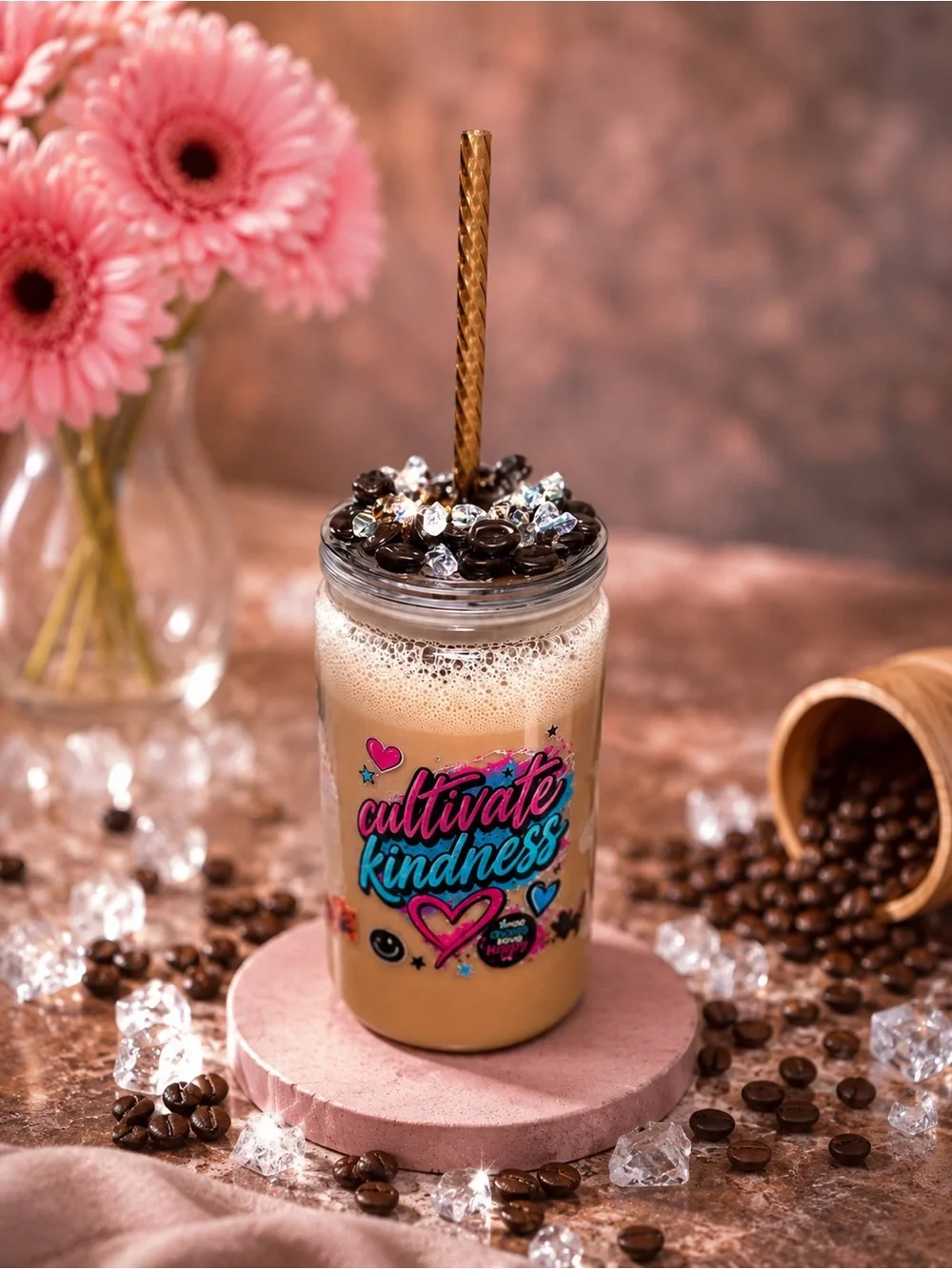 Cultivate Kindness Pink & Blue Reusable Iced Coffee Tumbler